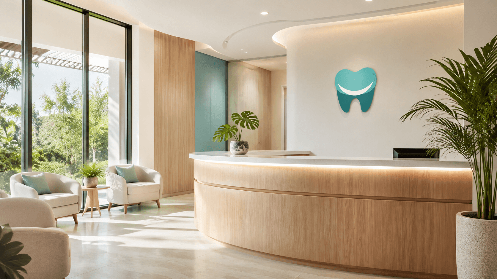 Recepción de la clínica generada con IA: mostrador de madera clara, sala de espera con luz natural y el logo en la pared